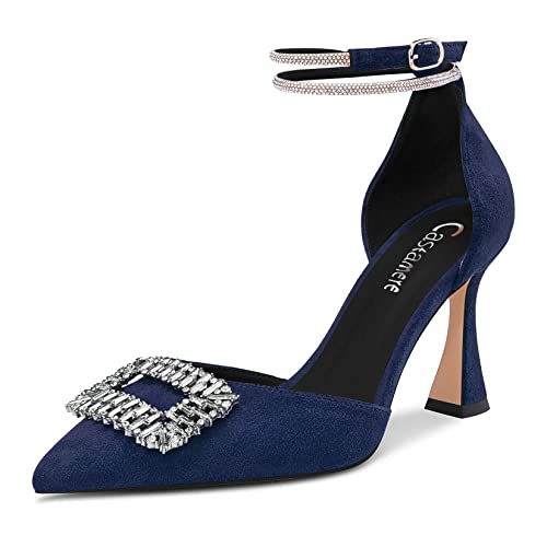 Castamere Damen Hoher High Chunky Blockabsatz Absatz Heel Diamant Kristall Knöchelriemen Spitze Zehenkappe Pumps Cute 8.5 cm Heels Navy Blau Wildleder 39 EU von Castamere