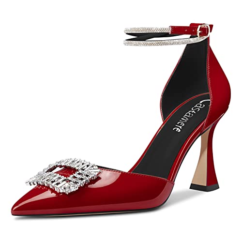 Castamere Damen Hoher High Chunky Blockabsatz Absatz Heel Knöchelriemen Diamant Kristall Spitze Zehenkappe Pumps 8.5 cm Heels Burgund Rot 38 EU von Castamere