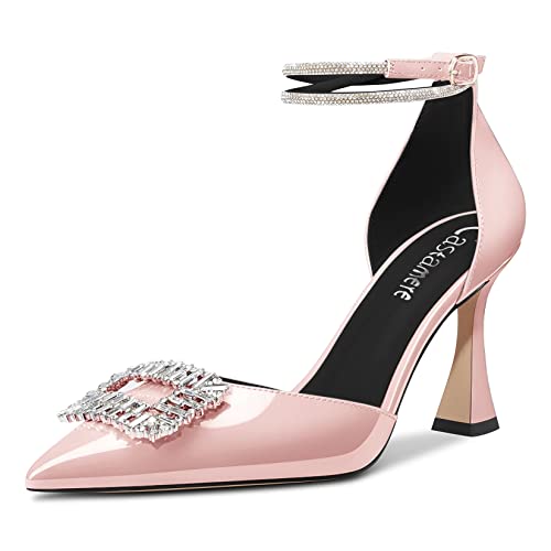 Castamere Damen Hoher High Chunky Blockabsatz Absatz Heel Knöchelriemen Diamant Kristall Spitze Zehenkappe Pumps 8.5 cm Heels Rosa 37 EU von Castamere