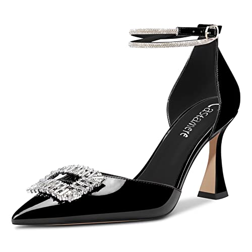 Castamere Damen Hoher High Chunky Blockabsatz Absatz Heel Knöchelriemen Diamant Kristall Spitze Zehenkappe Pumps 8.5 cm Heels Schwarz 43 EU von Castamere