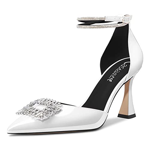 Castamere Damen Hoher High Chunky Blockabsatz Absatz Heel Knöchelriemen Diamant Kristall Spitze Zehenkappe Pumps 8.5 cm Heels Weiß 39 EU von Castamere