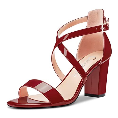 Castamere Damen Hoher High Chunky Blockabsatz Absatz Heel Peep Open Zehenkappe Kreuzriemen Sandalen Hochzeit Party 8.5 CM Heels Burgund Rot 43 EU von Castamere