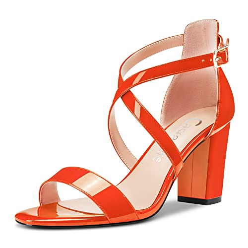 Castamere Damen Hoher High Chunky Blockabsatz Absatz Heel Peep Open Zehenkappe Kreuzriemen Sandalen Hochzeit Party 8.5 CM Heels Orange A 40 EU von Castamere