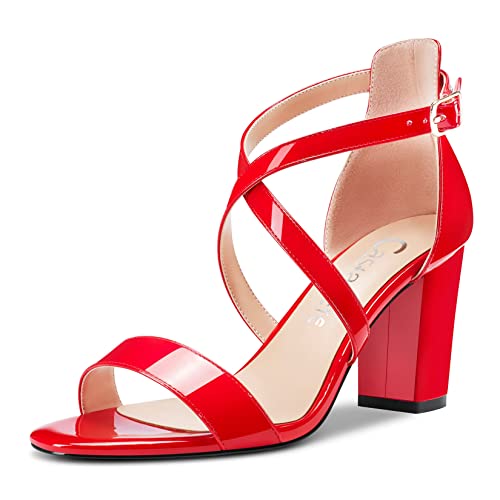 Castamere Damen Hoher High Chunky Blockabsatz Absatz Heel Peep Open Zehenkappe Kreuzriemen Sandalen Hochzeit Party 8.5 CM Heels Rot 45 EU von Castamere