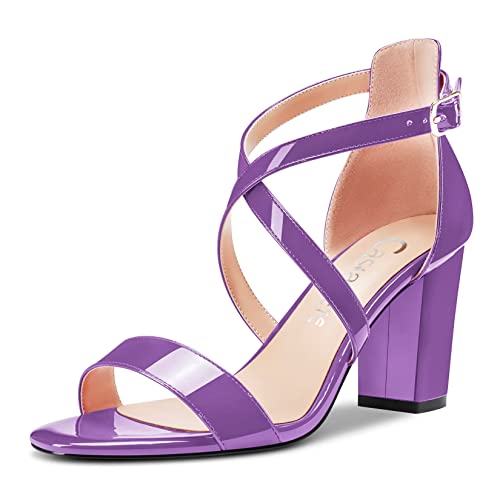 Castamere Damen Hoher High Chunky Blockabsatz Absatz Heel Peep Open Zehenkappe Kreuzriemen Sandalen Hochzeit Party 8.5 CM Heels Violett 44 EU von Castamere