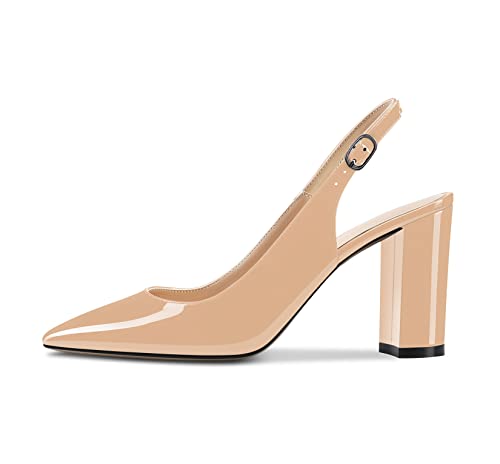 Castamere Damen Hoher High Chunky Blockabsatz Absatz Heel Spitze Zehenkappe Slingback Pumps Slip-on Knöchelriemen Dress Clear Sandalen 8.5 cm Heels Beige 39 EU von Castamere