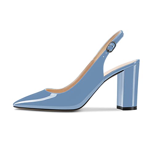 Castamere Damen Hoher High Chunky Blockabsatz Absatz Heel Spitze Zehenkappe Slingback Pumps Slip-on Knöchelriemen Dress Clear Sandalen 8.5 cm Heels Hellblau 39 EU von Castamere