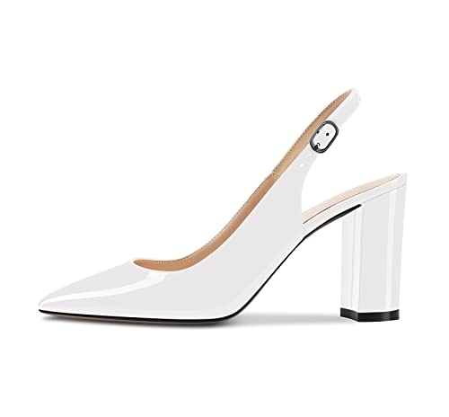 Castamere Damen Hoher High Chunky Blockabsatz Absatz Heel Spitze Zehenkappe Slingback Pumps Slip-on Knöchelriemen Dress Clear Sandalen 8.5 cm Heels Weiß 43 EU von Castamere