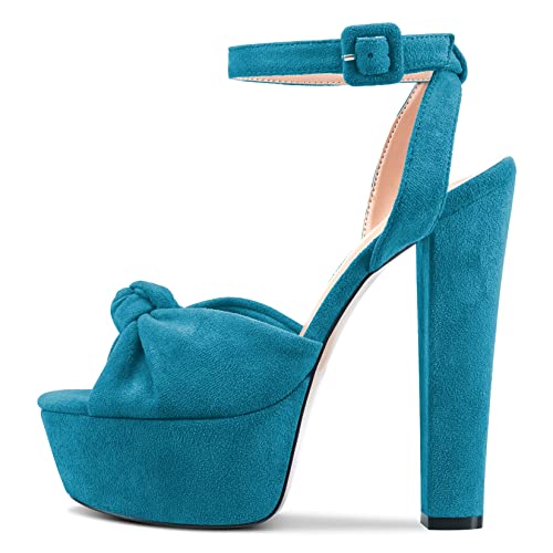 Castamere Damen Hoher High Chunky Blockabsatz Plateau Plattform Absatz Heel Peep Open Zehenkappe Knöchelriemen Bogenknoten Sandalen Blau B 45 EU von Castamere