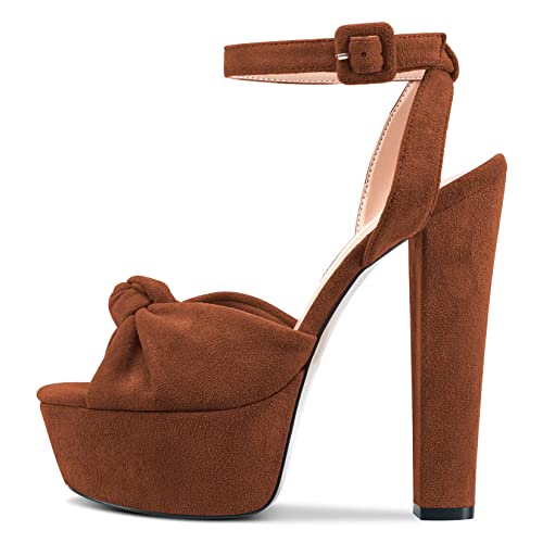 Castamere Damen Hoher High Chunky Blockabsatz Plateau Plattform Absatz Heel Peep Open Zehenkappe Knöchelriemen Bogenknoten Sandalen Braun 43 EU von Castamere