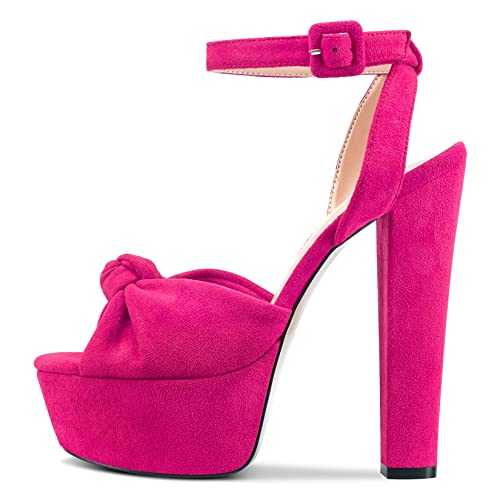 Castamere Damen Hoher High Chunky Blockabsatz Plateau Plattform Absatz Heel Peep Open Zehenkappe Knöchelriemen Bogenknoten Sandalen Magenta Rot 37 EU von Castamere