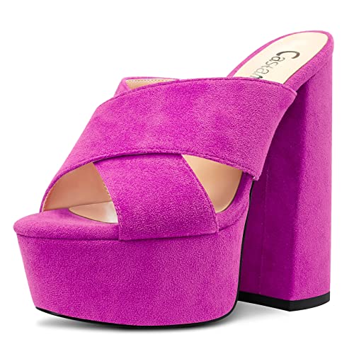 Castamere Damen Hoher High Chunky Blockabsatz Plateau Plattform Absatz Heel Peep Open Zehenkappe Slip-on Sandalen Lässig Dress 15 CM Heels Fuchsia 40 EU von Castamere