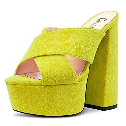 Castamere Damen Hoher High Chunky Blockabsatz Plateau Plattform Absatz Heel Peep Open Zehenkappe Slip-on Sandalen Lässig Dress 15 CM Heels Gelbgrün 40 EU von Castamere