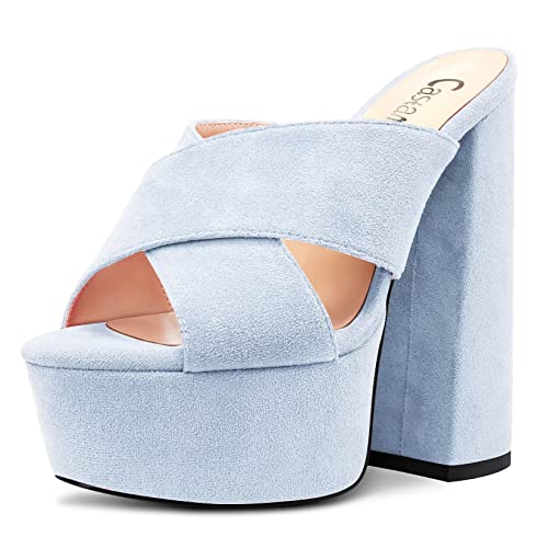 Castamere Damen Hoher High Chunky Blockabsatz Plateau Plattform Absatz Heel Peep Open Zehenkappe Slip-on Sandalen Lässig Dress 15 CM Heels Hellblau 41 EU von Castamere