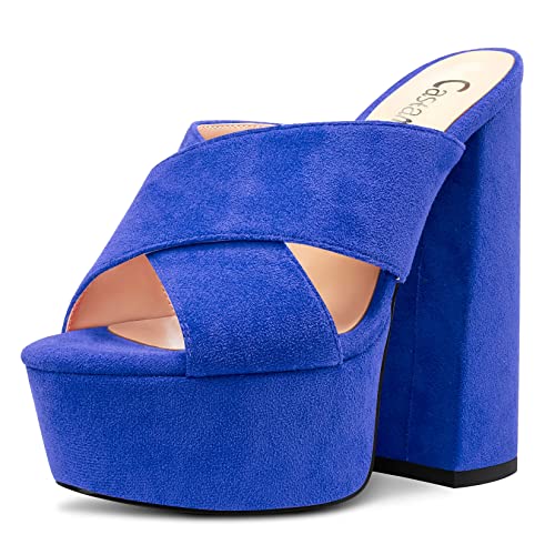 Castamere Damen Hoher High Chunky Blockabsatz Plateau Plattform Absatz Heel Peep Open Zehenkappe Slip-on Sandalen Lässig Dress 15 CM Heels Königsblau 42 EU von Castamere