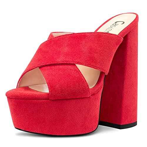 Castamere Damen Hoher High Chunky Blockabsatz Plateau Plattform Absatz Heel Peep Open Zehenkappe Slip-on Sandalen Lässig Dress 15 CM Heels Rot 39 EU von Castamere