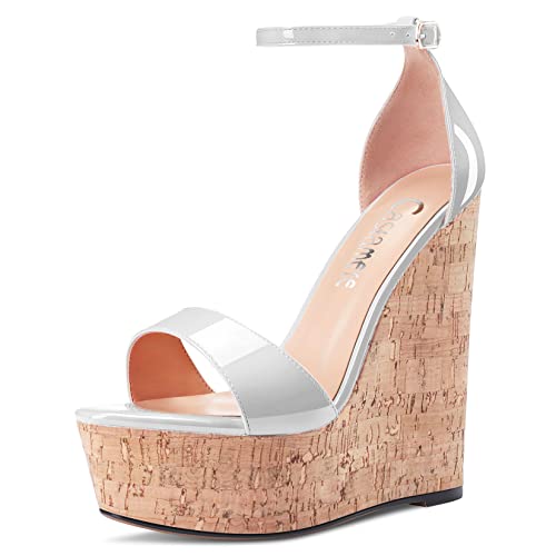 Castamere Damen Hoher High Keilabsatz Plateau Plattform Absatz Heel Peep Open Zehenkappe Knöchelriemen Sandalen Hochzeit Party Dress 15 CM Heels Weiß 38 EU von Castamere