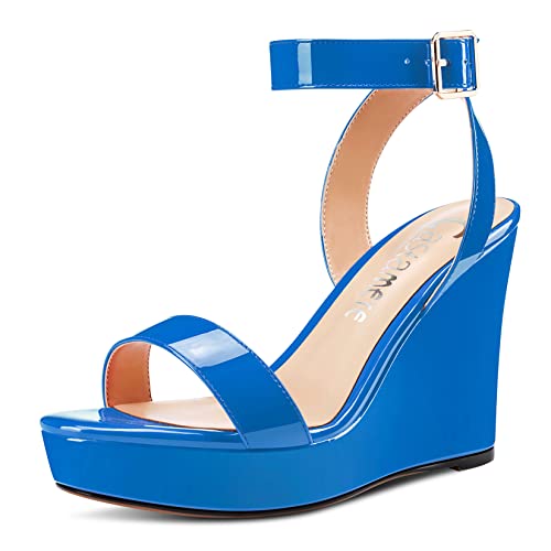 Castamere Damen Hoher High Keilabsatz Plateau Plattform Absatz Heel Peep Open Zehenkappe Sandalen Knöchelriemen Clear Hochzeit Klassisch 10 CM Heels Blau 45 EU von Castamere