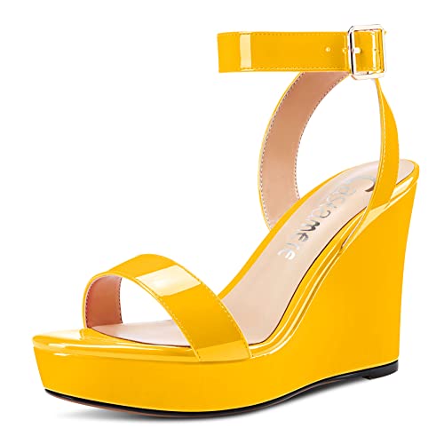 Castamere Damen Hoher High Keilabsatz Plateau Plattform Absatz Heel Peep Open Zehenkappe Sandalen Knöchelriemen Clear Hochzeit Klassisch 10 CM Heels Gelb 37 EU von Castamere