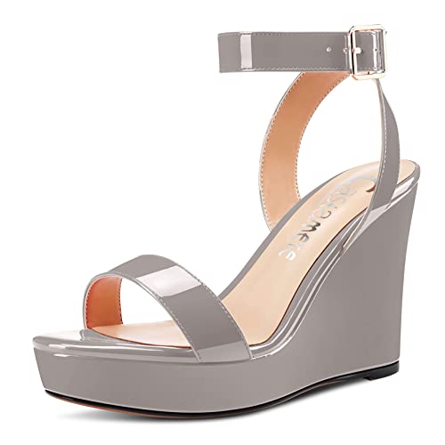 Castamere Damen Hoher High Keilabsatz Plateau Plattform Absatz Heel Peep Open Zehenkappe Sandalen Knöchelriemen Clear Hochzeit Klassisch 10 CM Heels Grau 41 EU von Castamere