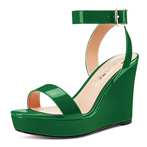 Castamere Damen Hoher High Keilabsatz Plateau Plattform Absatz Heel Peep Open Zehenkappe Sandalen Knöchelriemen Clear Hochzeit Klassisch 10 CM Heels Grün 40 EU von Castamere