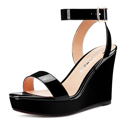 Castamere Damen Hoher High Keilabsatz Plateau Plattform Absatz Heel Peep Open Zehenkappe Sandalen Knöchelriemen Clear Hochzeit Klassisch 10 CM Heels Schwarz 38 EU von Castamere