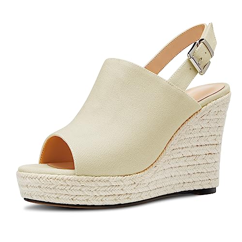Castamere Damen Hoher High Keilabsatz Plateau Plattform Absatz Heel Peep Open Zehenkappe Slip-on Sandalen Slingback Abschlussball Lässig Sommer 10 CM Heels Beige 36 EU von Castamere