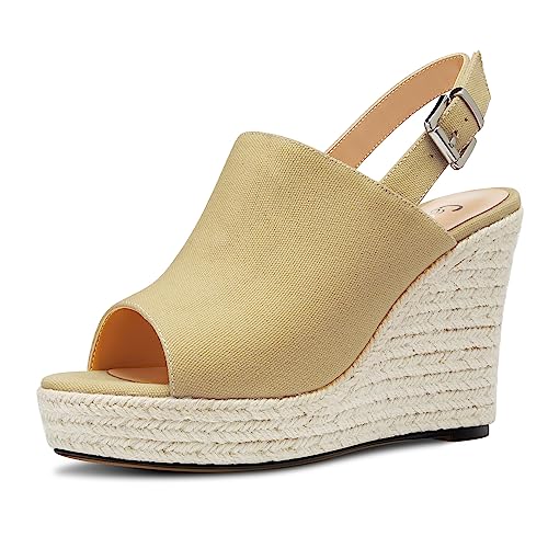 Castamere Damen Hoher High Keilabsatz Plateau Plattform Absatz Heel Peep Open Zehenkappe Slip-on Sandalen Slingback Abschlussball Lässig Sommer 10 CM Heels Beige A 35 EU von Castamere