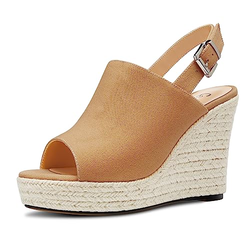 Castamere Damen Hoher High Keilabsatz Plateau Plattform Absatz Heel Peep Open Zehenkappe Slip-on Sandalen Slingback Abschlussball Lässig Sommer 10 CM Heels Braun 37 EU von Castamere