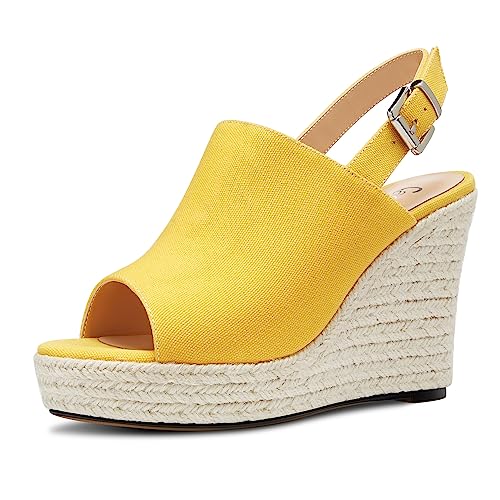 Castamere Damen Hoher High Keilabsatz Plateau Plattform Absatz Heel Peep Open Zehenkappe Slip-on Sandalen Slingback Abschlussball Lässig Sommer 10 CM Heels Gelb 38 EU von Castamere