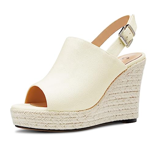 Castamere Damen Hoher High Keilabsatz Plateau Plattform Absatz Heel Peep Open Zehenkappe Slip-on Sandalen Slingback Abschlussball Lässig Sommer 10 CM Heels Hautfarben 40 EU von Castamere