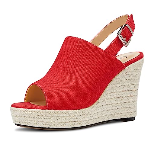 Castamere Damen Hoher High Keilabsatz Plateau Plattform Absatz Heel Peep Open Zehenkappe Slip-on Sandalen Slingback Abschlussball Lässig Sommer 10 CM Heels Rot 37 EU von Castamere