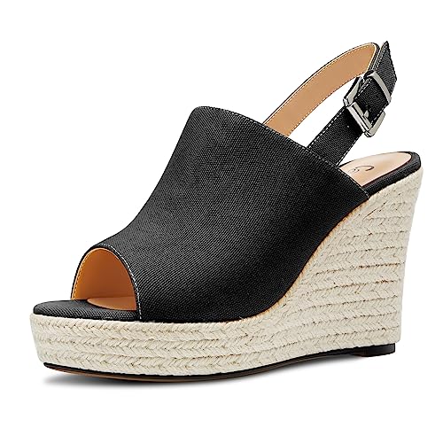 Castamere Damen Hoher High Keilabsatz Plateau Plattform Absatz Heel Peep Open Zehenkappe Slip-on Sandalen Slingback Abschlussball Lässig Sommer 10 CM Heels Schwarz 35 EU von Castamere