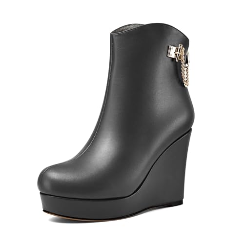 Castamere Damen Hoher High Keilabsatz Plateau Plattform Absatz Heel Runde Zehenkappe Stiefeletten Reißverschluss Metall Kette Slip-on 10 CM Heels Schwarz 41 EU von Castamere