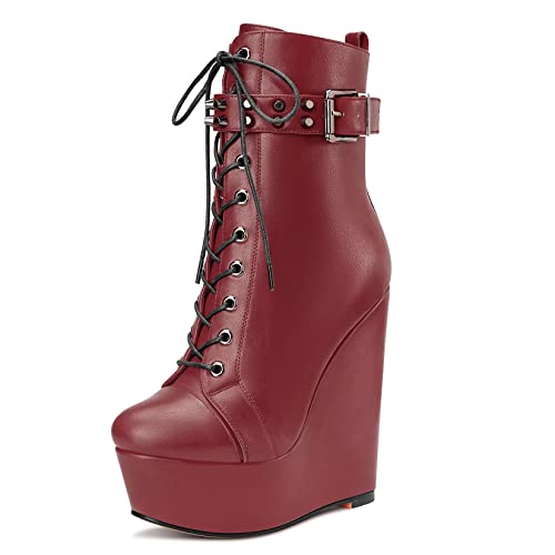 Castamere Damen Hoher High Keilabsatz Plateau Plattform Absatz Heel Runde Zehenkappe Stiefeletten Schnüren Schnürung Reißverschluss Stiefel Burgund Rot 44 EU von Castamere