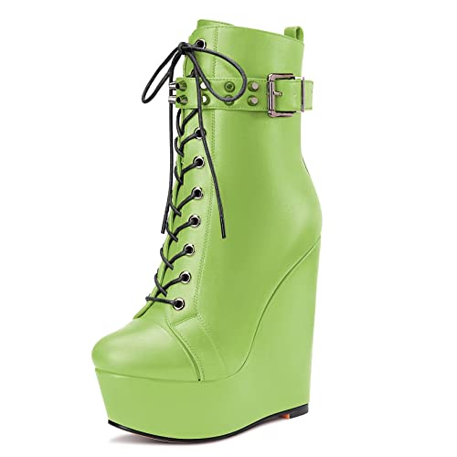 Castamere Damen Hoher High Keilabsatz Plateau Plattform Absatz Heel Runde Zehenkappe Stiefeletten Schnüren Schnürung Reißverschluss Stiefel Grün 43 EU von Castamere