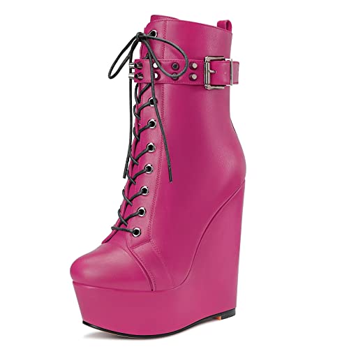 Castamere Damen Hoher High Keilabsatz Plateau Plattform Absatz Heel Runde Zehenkappe Stiefeletten Schnüren Schnürung Reißverschluss Stiefel Magenta Rot 42 EU von Castamere
