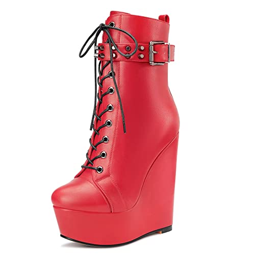 Castamere Damen Hoher High Keilabsatz Plateau Plattform Absatz Heel Runde Zehenkappe Stiefeletten Schnüren Schnürung Reißverschluss Stiefel Rot A 45 EU von Castamere