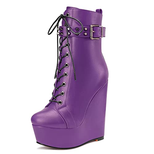 Castamere Damen Hoher High Keilabsatz Plateau Plattform Absatz Heel Runde Zehenkappe Stiefeletten Schnüren Schnürung Reißverschluss Stiefel Violett A 41 EU von Castamere