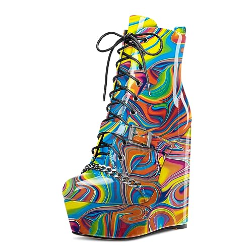 Castamere Damen Hoher High Plateau Plattform Absatz Heel Reißverschluss Schnüren Schnürung Stiefeletten Runde Zehenkappe Metall Kette 15 CM Stiefel Buntes Graffiti 42 EU von Castamere