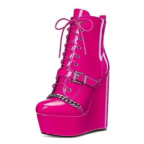 Castamere Damen Hoher High Plateau Plattform Absatz Heel Reißverschluss Schnüren Schnürung Stiefeletten Runde Zehenkappe Metall Kette 15 CM Stiefel Magenta 44 EU von Castamere