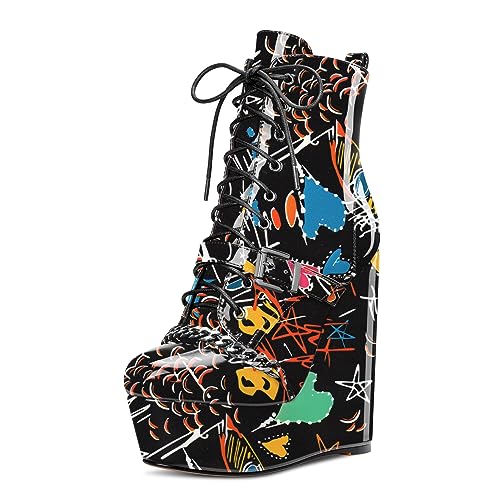 Castamere Damen Hoher High Plateau Plattform Absatz Heel Reißverschluss Schnüren Schnürung Stiefeletten Runde Zehenkappe Metall Kette 15 CM Stiefel Schwarzes Doodle 40 EU von Castamere