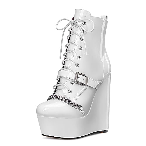 Castamere Damen Hoher High Plateau Plattform Absatz Heel Reißverschluss Schnüren Schnürung Stiefeletten Runde Zehenkappe Metall Kette 15 CM Stiefel Weiß 45 EU von Castamere