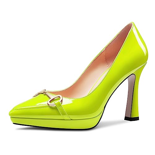 Castamere Damen Hoher High Plateau Plattform Absatz Heel Spitze Zehenkappe Slip-on Metall Kette Pumps Hochzeit Büroschuhe Lässig 10 cm Heels Limonengrün 41 EU von Castamere