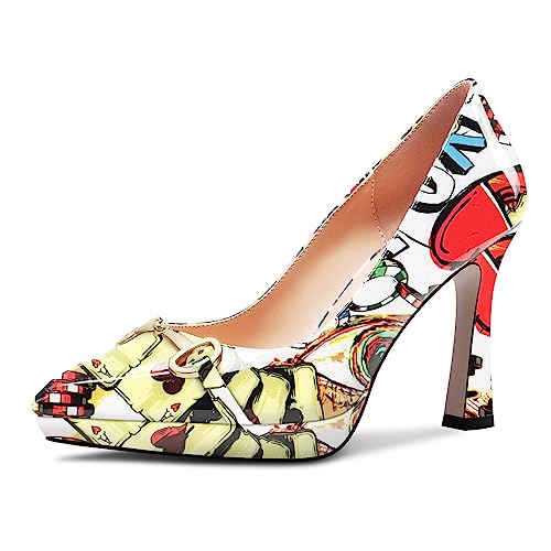 Castamere Damen Hoher High Plateau Plattform Absatz Heel Spitze Zehenkappe Slip-on Metall Kette Pumps Hochzeit Büroschuhe Lässig 10 cm Heels Poker-Muster 40 EU von Castamere