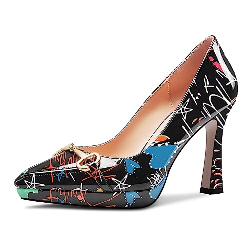 Castamere Damen Hoher High Plateau Plattform Absatz Heel Spitze Zehenkappe Slip-on Metall Kette Pumps Hochzeit Büroschuhe Lässig 10 cm Heels Schwarzes Doodle 39 EU von Castamere