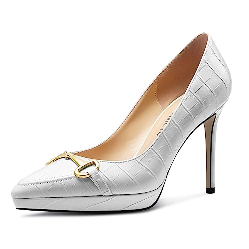 Castamere Damen Hoher High Plateau Plattform Stiletto Absatz Heel Spitze Zehenkappe Slip-on Pumps Metall Kette Büroschuhe Abschlussball 12 cm Heels Weiß 39 EU von Castamere