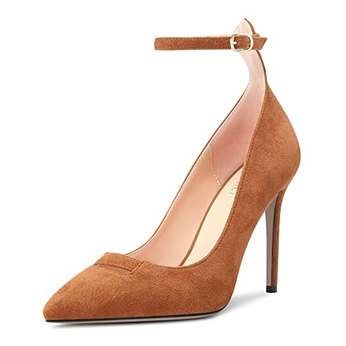 Castamere Damen Hoher High Stiletto Absatz Heel Knöchelriemen Spitze Zehenkappe Pumps Party Sexy 10 cm Heels Braun Wildleder 43 EU von Castamere