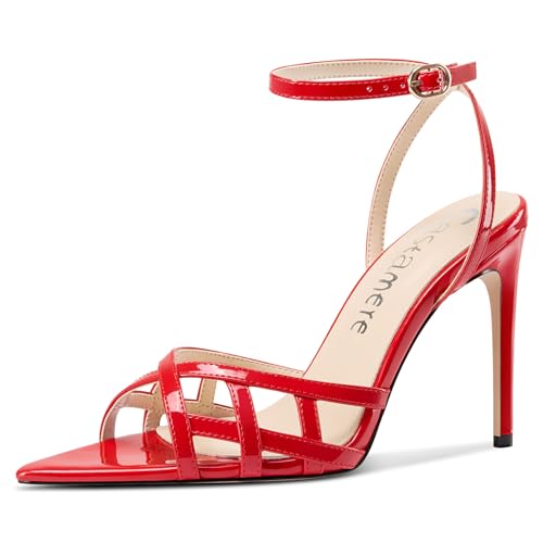 Castamere Damen Hoher High Stiletto Absatz Heel Open Spitze Zehenkappe Knöchelriemen Abschlussball Sandalen Schuhe 10 CM Heels Rot 42 EU von Castamere