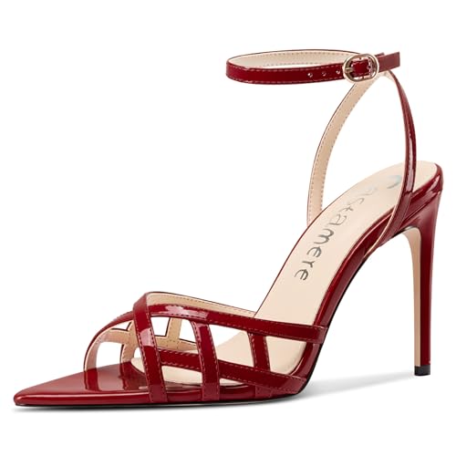 Castamere Damen Hoher High Stiletto Absatz Heel Open Spitze Zehenkappe Knöchelriemen Abschlussball Sandalen Schuhe 10 CM Heels Weinrot 41 EU von Castamere